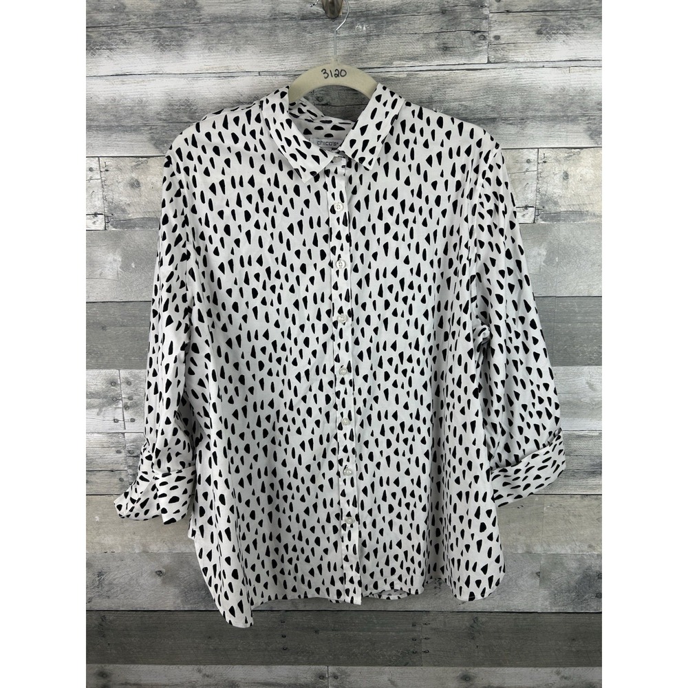 Chicos Women's White/black Long Sleeve Button Up Blouse 18